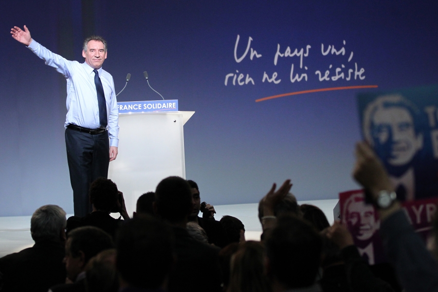 President of the Modem centrist party and candidate for 2012 French presidential election, Francois Bayrou, delivers a speech during a campaign meeting on April 17, 2012, in Rez, near Nantes, western France. Photo by Laetitia Notarianni/ABACAPRESS.COM.