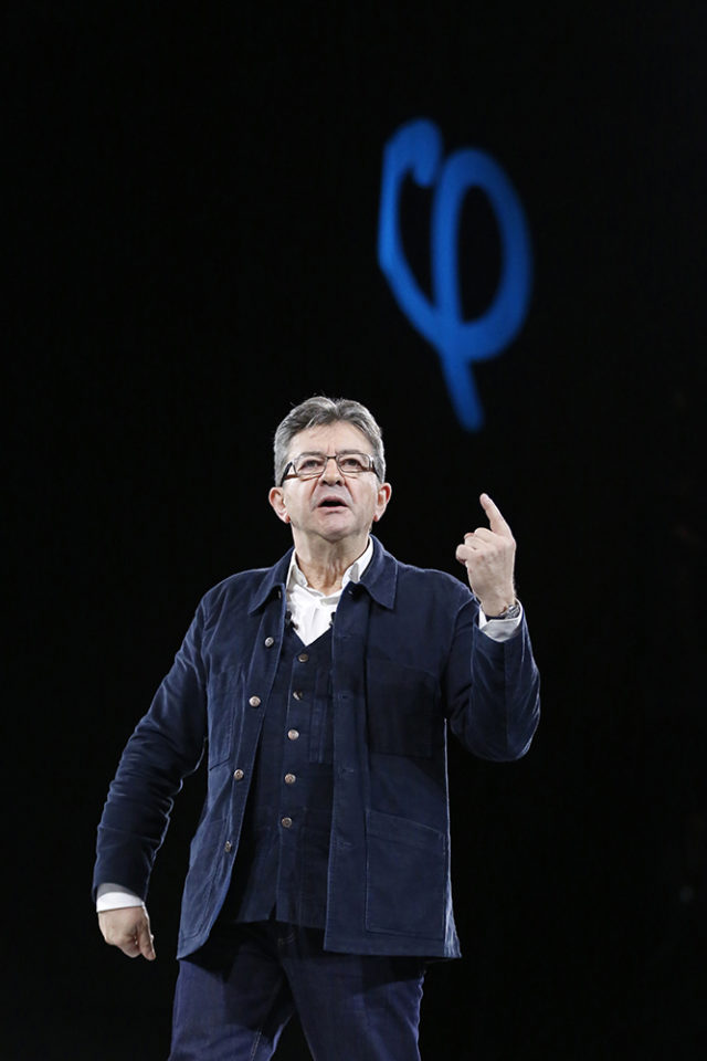 French presidential election candidate for the far-left coalition « La France insoumise » Jean-Luc Melenchon speaks during a rally on March 26, 2017 in Rennes, western France.